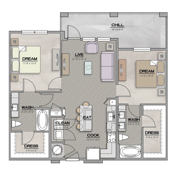 2 Bed 2 Bath Floor Plan | 1,057 Sq. Ft. at The Louis Apartment Flats, Louisville