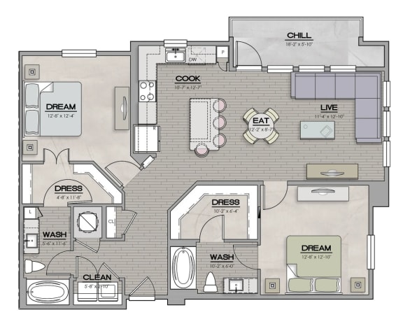 2 Bed 2 Bath Floor Plan | 1,230 Sq. Ft. at The Louis Apartment Flats, Louisville, 40241