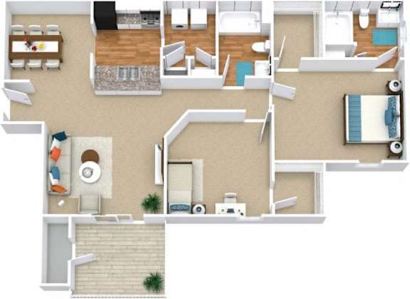 Two Bedroom Two Bathroom Floorplan | 1,157 Sq. Ft. at Austin Chase Apartments, Macon