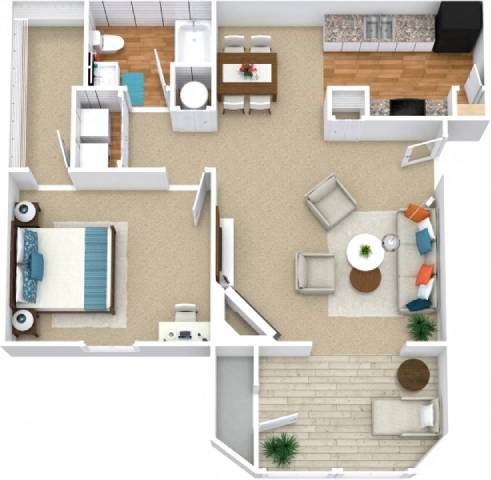 A floor plan of a two-story apartment with a living room, kitchen, and bedrooms.