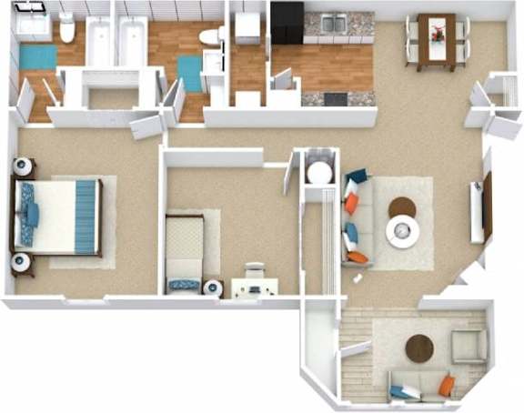 A top-down view of a house layout with a living room, kitchen, and bedrooms.