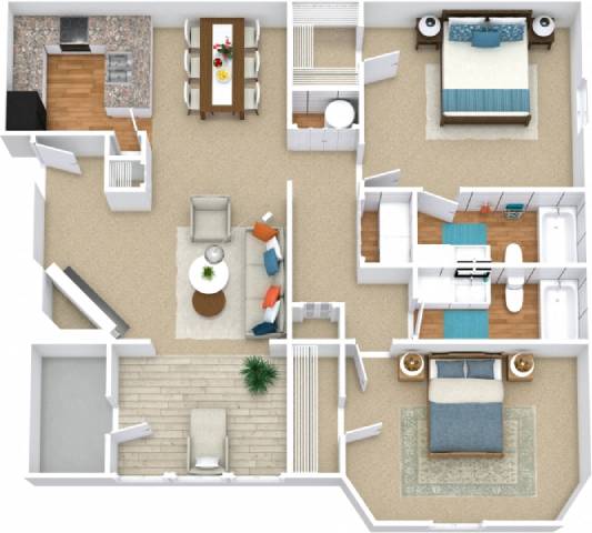 A floor plan of a house with a living room, kitchen, and two bedrooms.