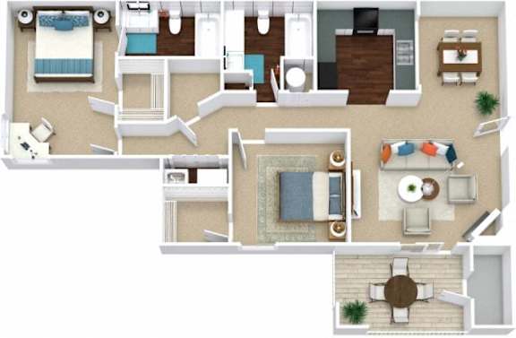 A floor plan of a house with a living room, kitchen, and two bedrooms.