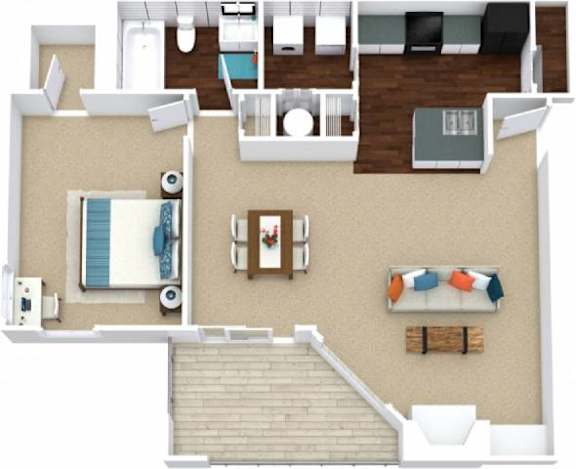A top-down view of a small apartment with a kitchen, living room, and bedroom.