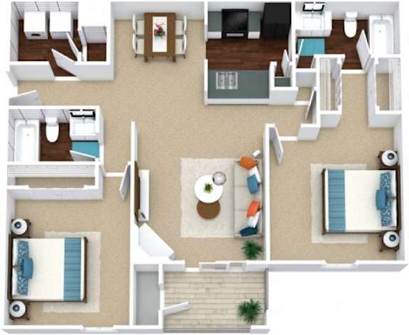A floor plan of a house with a living room, kitchen, and two bedrooms.
