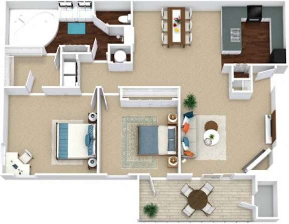 A top-down view of a house layout with a pool, kitchen, and living room.