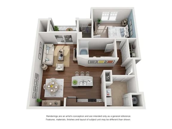 A 3D floor plan of a house with a kitchen, living room, and bedrooms.