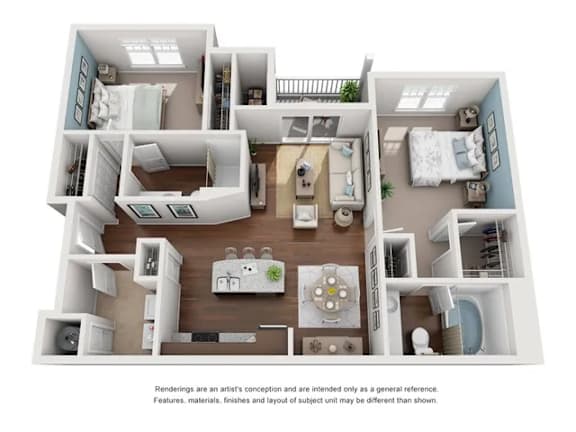 A 3D rendering of a house layout with a kitchen, living room, and bedrooms.