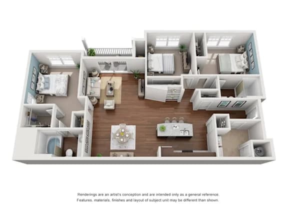A 3D floor plan of a house with a kitchen, living room, and bedrooms.