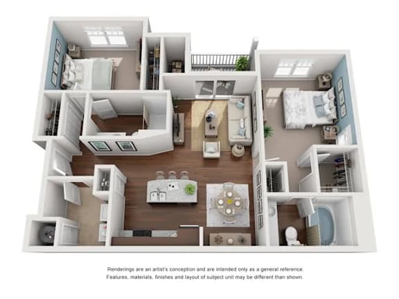 A 3D floor plan of a house with a kitchen, living room, dining room, and bedrooms.