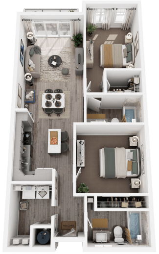 A top-down view of a small apartment with a kitchen, living room, and bedroom.