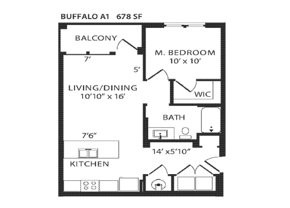 1 Bed 1 Bath Floor Plan | 678 Sq. Ft.
