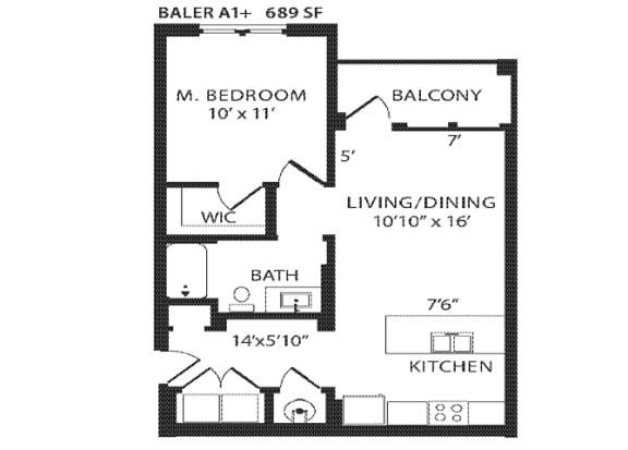 1 Bed 1 Bath Floor Plan | 689 Sq. Ft.