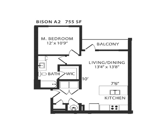 1 Bed 1 Bath Floor Plan | 755 Sq. Ft.