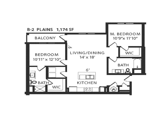 2 Bed 2 Bath Floor Plan | 1,174 Sq. Ft.