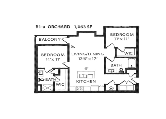 2 Bed 2 Bath Floor Plan | 1,063 Sq. Ft.