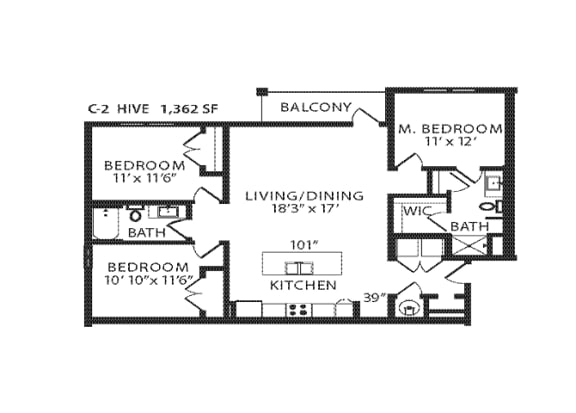 3 Bed 2 Bath Floor Plan | 1,362 Sq. Ft.