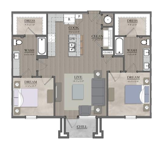 2 bed 2 bath floor  plan at Livingston Flats Apartments, Chesterfield, ,23832