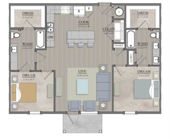 Floor Plan  2 bed 2 bath floor  plan A at Livingston Flats Apartments, Chesterfield, Virginia