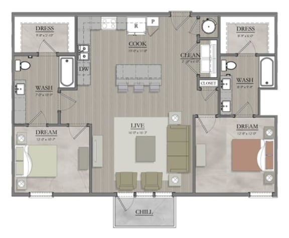 2 bed 2 bath floor  plan C at  Livingston Flats Apartments, Virginia
