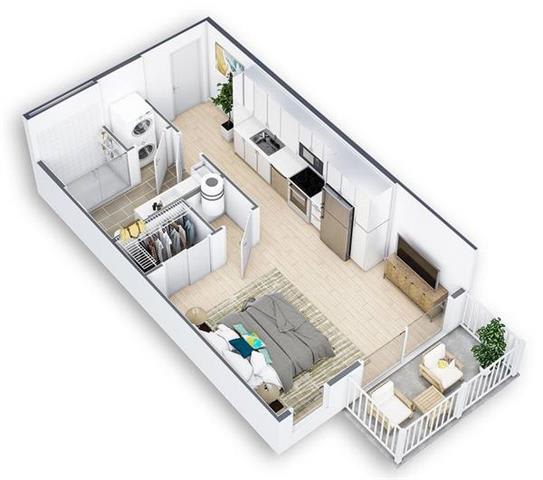 Floor Plan  a bedroom with a bed a sink and a washer and dryer at Tapestry West, Virginia, 23230