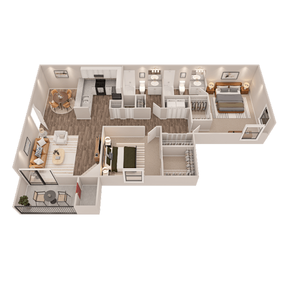 A detailed 3D floor plan of a two-story residential apartment.
