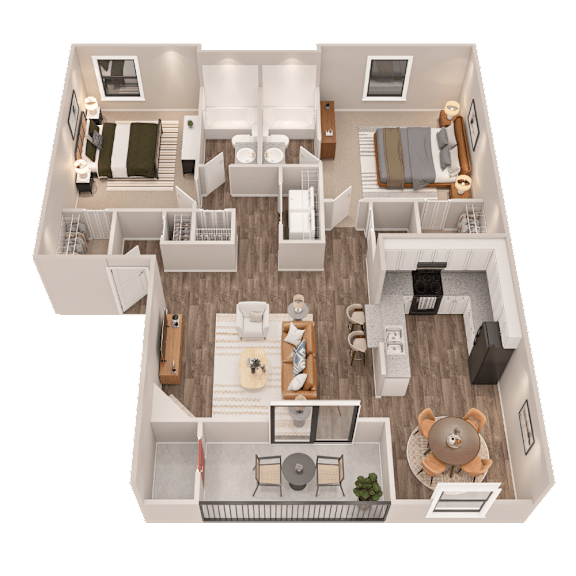 A 3D floor plan of a house showing a kitchen, living room, dining room, and bedrooms.
