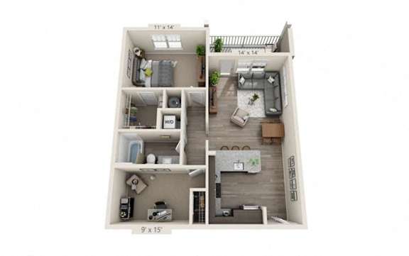 1 Bed 1 Bath Floor Plan | 902 Sq. Ft. at The Whitworth, Williamsburg Virginia