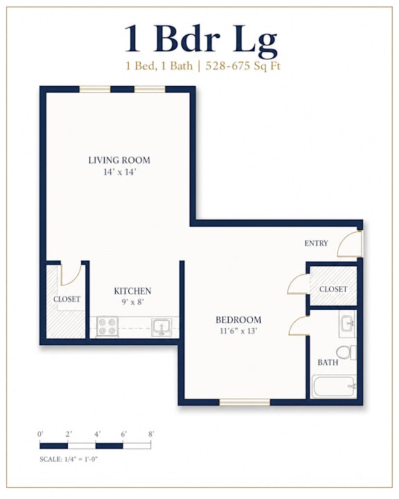 A floor plan for a 1 Bedroom, 1 Bathroom apartment sized 528-675 square feet.