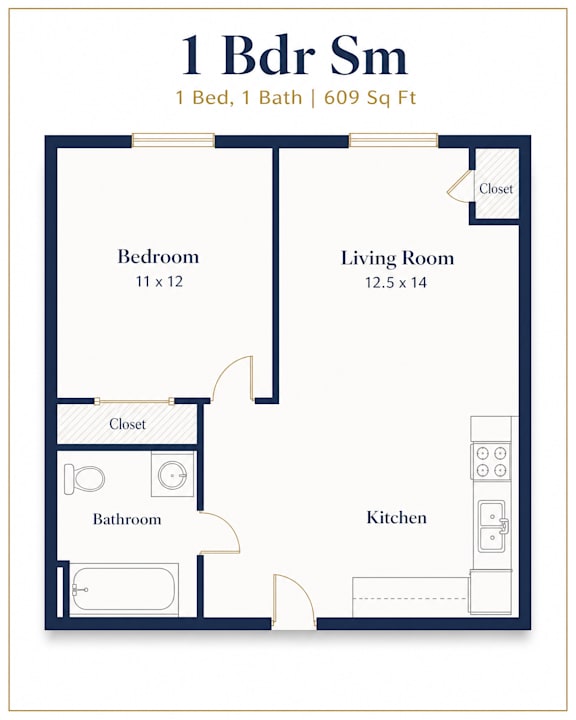 A floor plan of a 1 Bedroom Studio apartment with a bedroom, living room, kitchen, and bathroom.
