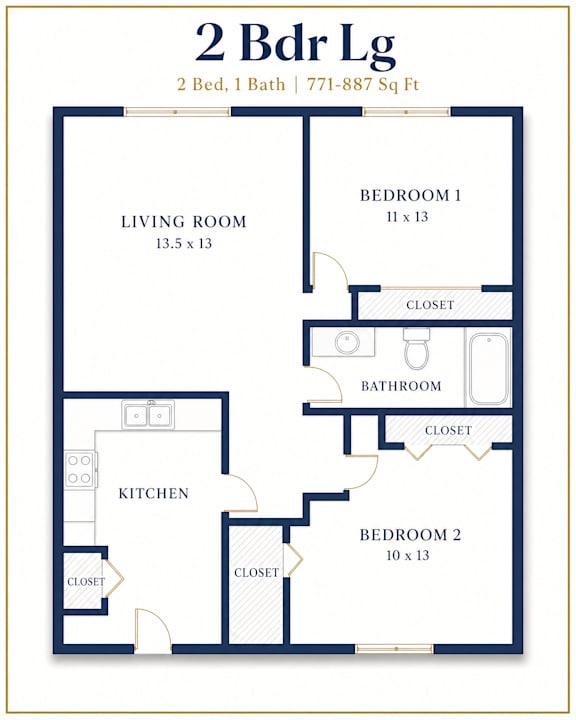 A 2 Bedroom Living Room apartment layout with a kitchen and two closets.