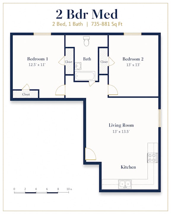 A floor plan of a 2 Bedroom, 1 Bathroom apartment sized at 735-881 square feet.