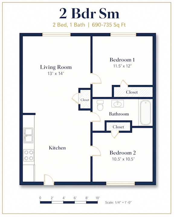 A floor plan for a 2 bedroom, 1 bathroom apartment sized 690-735 square feet.