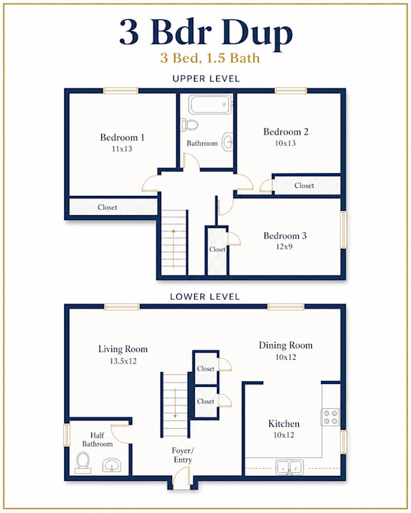 A floor plan for a 3 Bedroom, 1.5 Bathroom apartment.