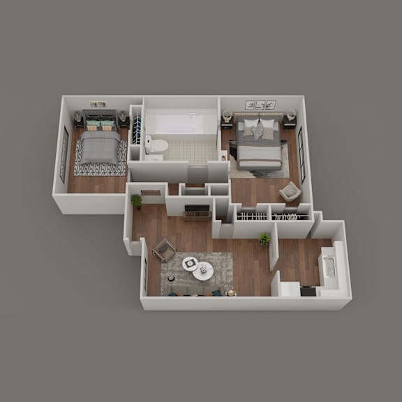 A top-down view of a house layout with a living room, kitchen, and two bedrooms.