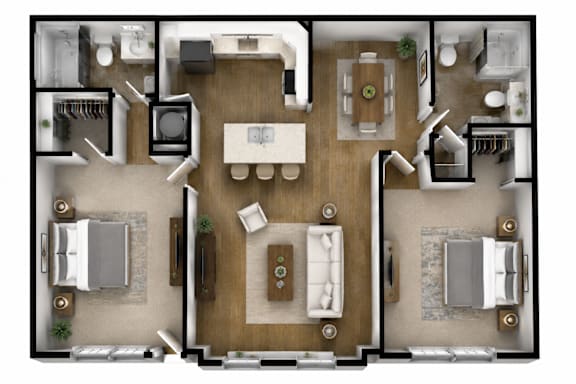A top-down view of a well-furnished apartment layout.
