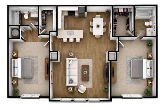 A top-down view of a modern apartment layout with a central living area, kitchen, and bedrooms.