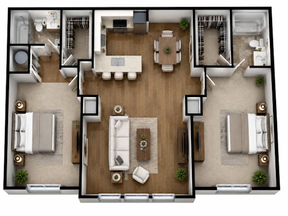 A top-down view of a modern apartment layout with a central living area, bedrooms, and bathrooms.