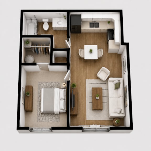 A top-down view of a small, modern apartment with a kitchen, living room, and bathroom.