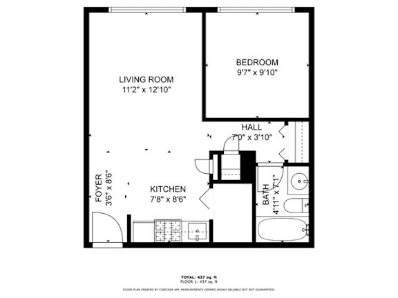 A black and white image of a floor plan for a small apartment.