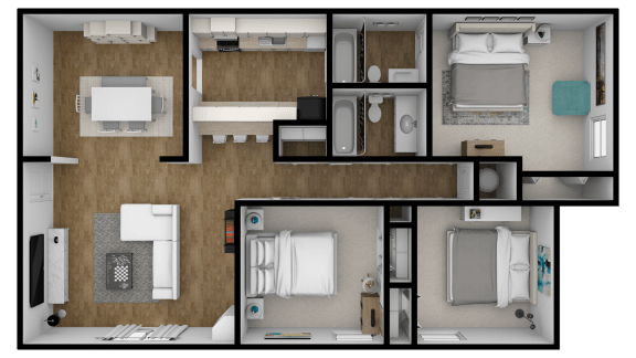 3Bed 2Bath Floor Plan at Lifestyle at Shreveport Apartments, Shreveport, LA, 71109