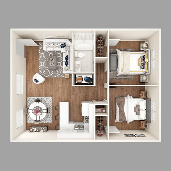 A top-down view of a well-organized bedroom with a bed, dresser, and wardrobe.