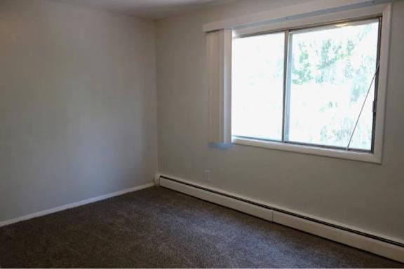 A room with a window and a carpeted floor.
