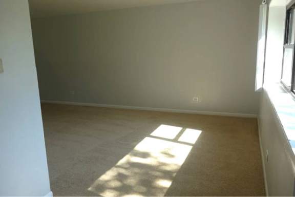 A room with a carpeted floor and a window letting in sunlight.