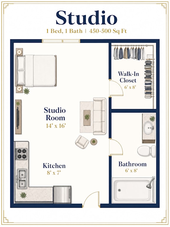 A floor plan of a studio apartment with a bed, bathroom, kitchen, and a studio room.