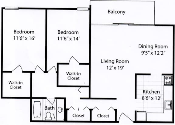Floor Plan  2  Bed   1  Bath   1,219 Sq. Ft. THE CALLOWAY (w/Balcony) Floor plan at The Langston Views, Washington, 20020