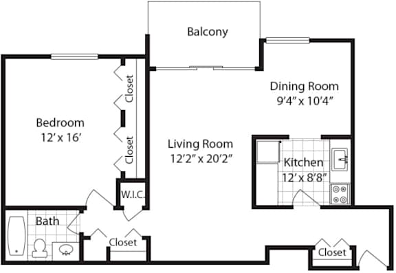 Floor Plan  1  Bed   1  Bath   880 Sq. Ft. THE DAVIS (w/Balcony) Floor plan at The Langston Views, Washington, DC