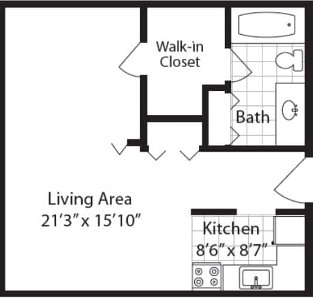 Floor Plan  Studio   1  Bath   538 Sq. Ft. THE FITZGERALD Floor plan at The Langston Views, Washington, 20020
