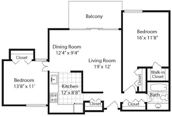 Floor Plan  2  Bed   1  Bath   1,079 Sq. Ft. THE MARVIN (w/Balcony) Floor plan at The Langston Views, Washington, Washington