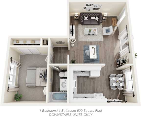 Monterey Manor 3D diagram of the 1 bed 1 bath apartment with 600 square feet